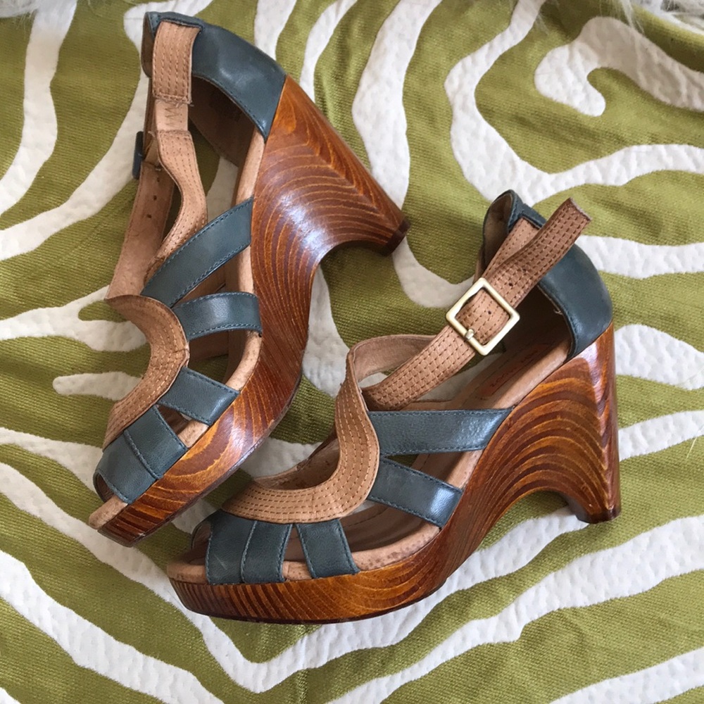 Miz Mooz Petra sandal wooden wedge blue and tan